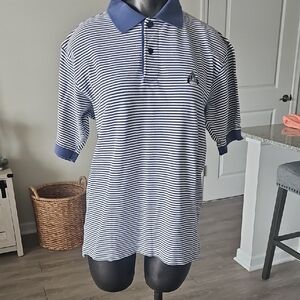 Mens Izod Navy and White Striped Polo Shirt, Size Small
